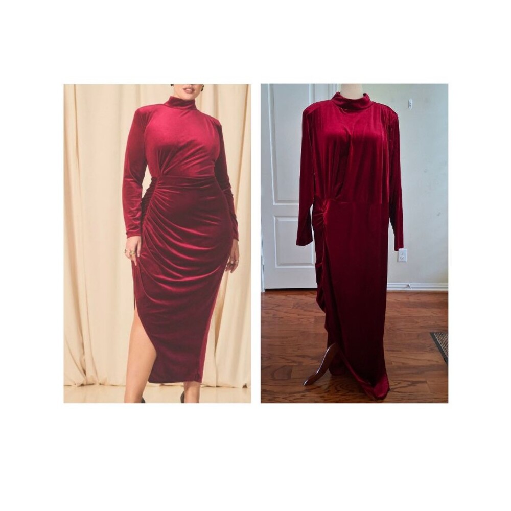 ELOQUII Red Velvet Ruched Long Dress 28 Slit Formal Gown Christmas Holiday Party